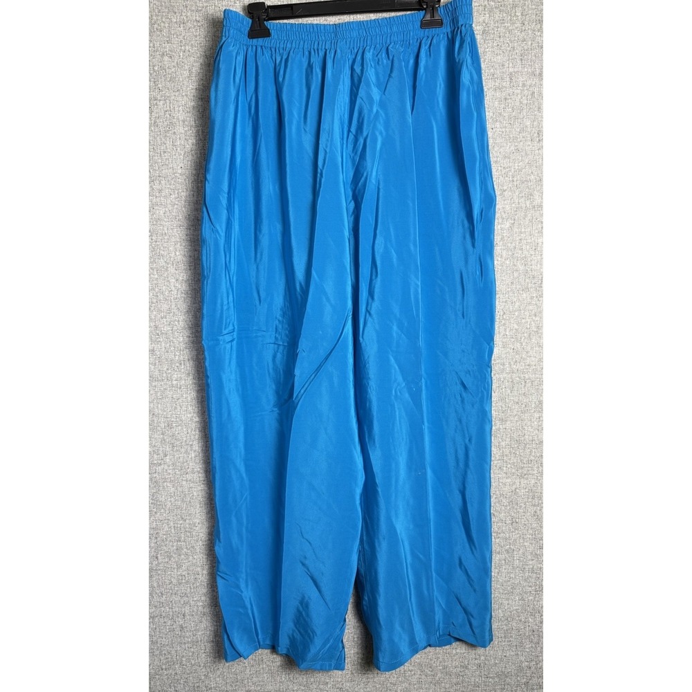 Vintage 90s Encore Bright Blue Pants 100% Silk Elastic Waist Flowy Wide‎ Leg 18